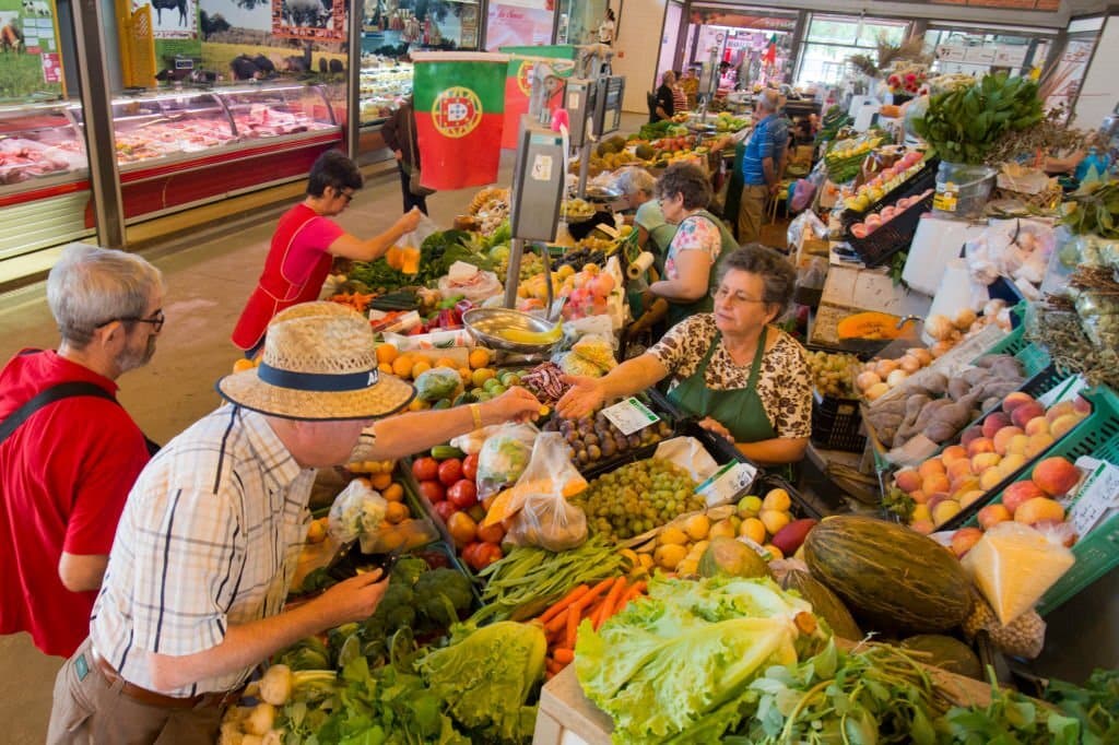 the Food Market in the Market Hall  the Old Town of Olhao at the east Algarve in the south of Portugal in Europe.